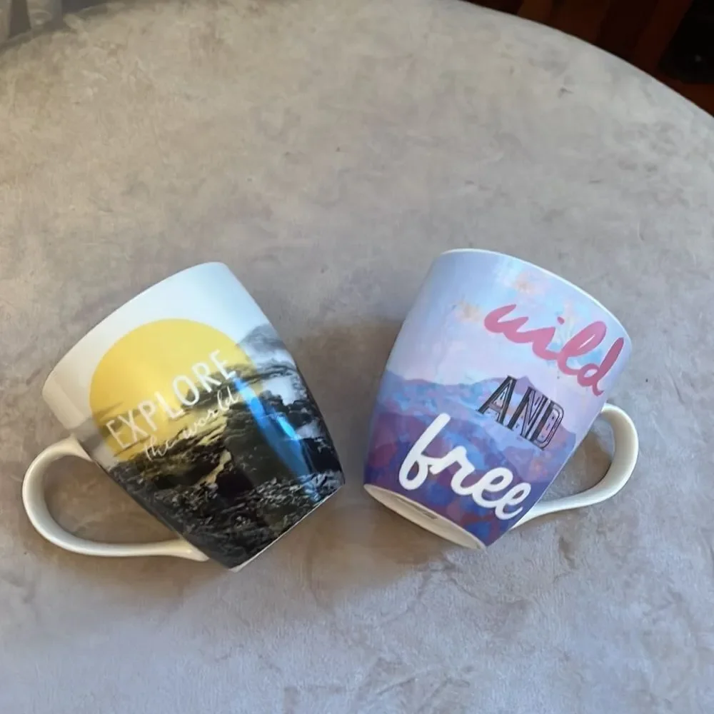 Pfaltzgraff Set of 2  Boho Travel *ADVENTURE* Coffee Cups Mugs EUC